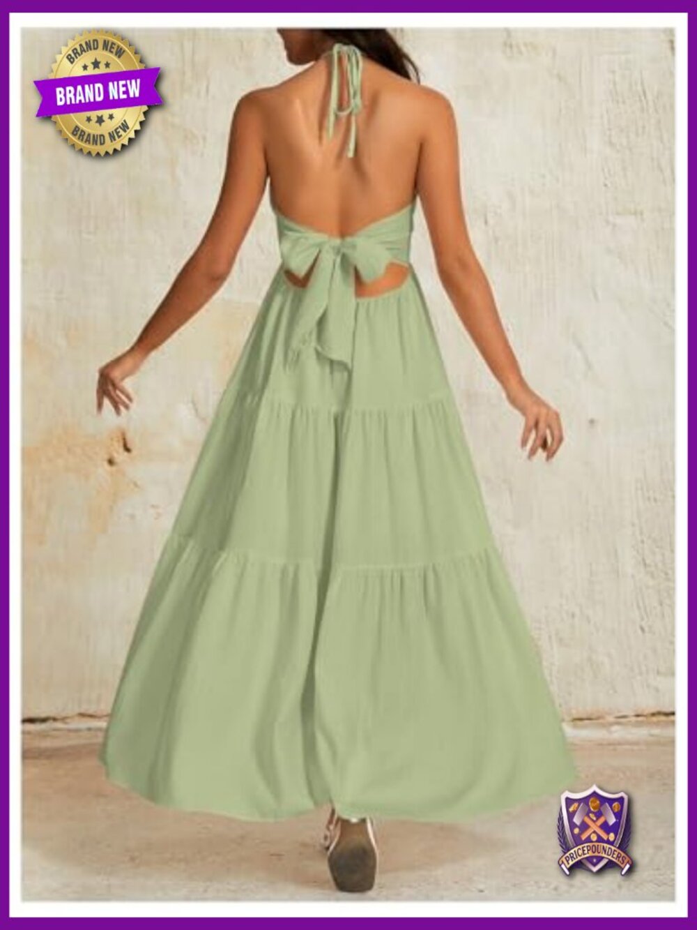 Backless Halter Maxi Dress Tiered Flowy Boho Beach Wed Guest - Picture 2 of 7